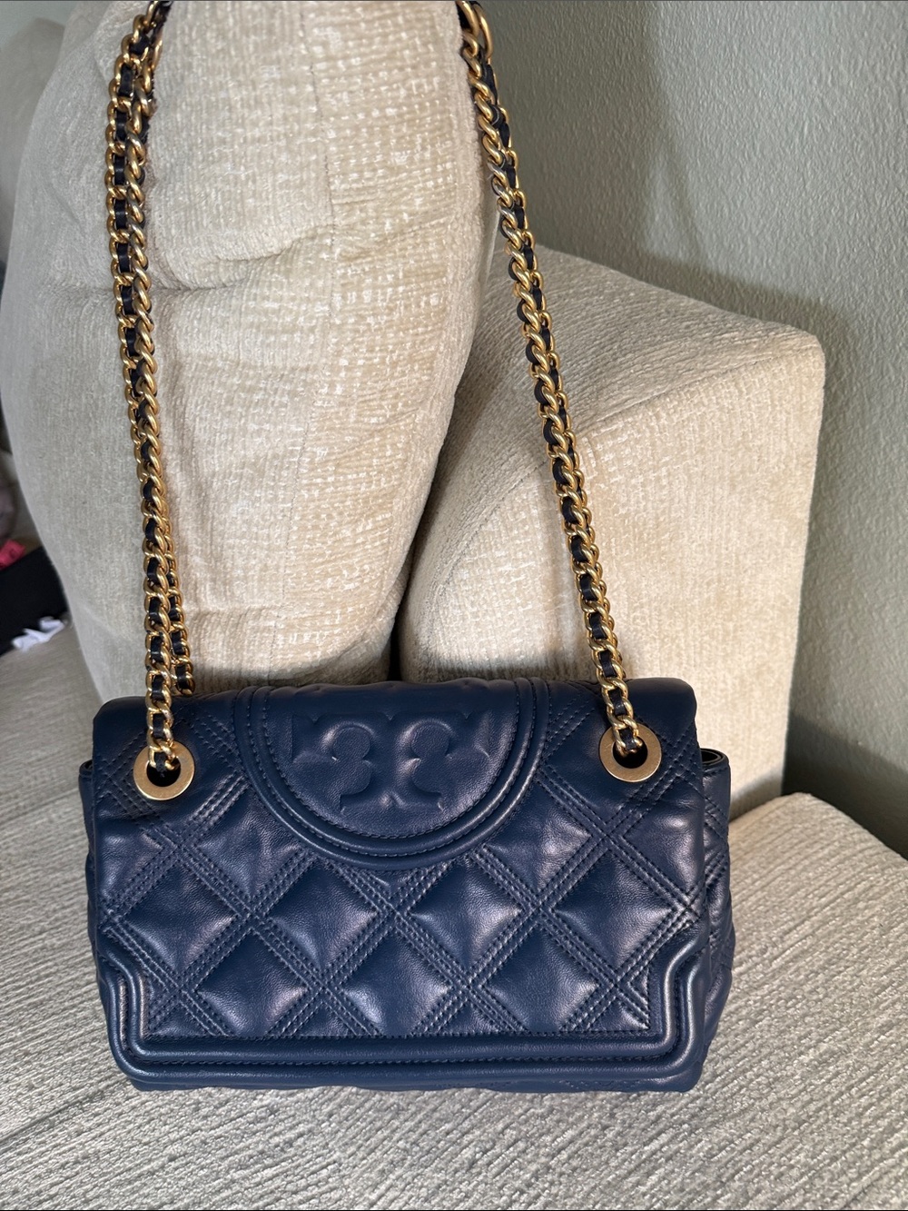 Tory Burch fleming soft convertible shoulder Bag Leather Quilted Chain Dark Blue - Picture 2 of 16